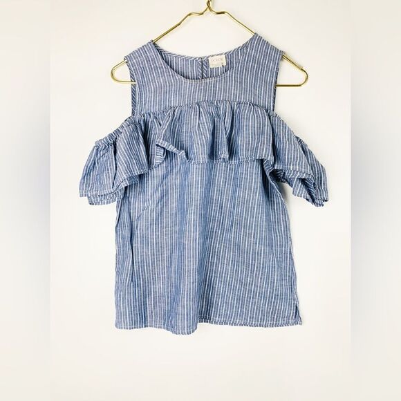J Crew Cold Shoulder Ruffle Top Blue White Striped Linen Blouse Sz 4 L23”B18” - Picture 1 of 6